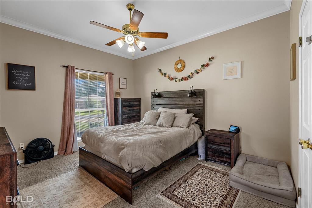 122 Ragan Lane Haughton, LA 71037 - Photo 16 of 34 Recessed window with exterior views, crown molding, and a ceiling fan with integrated lighting