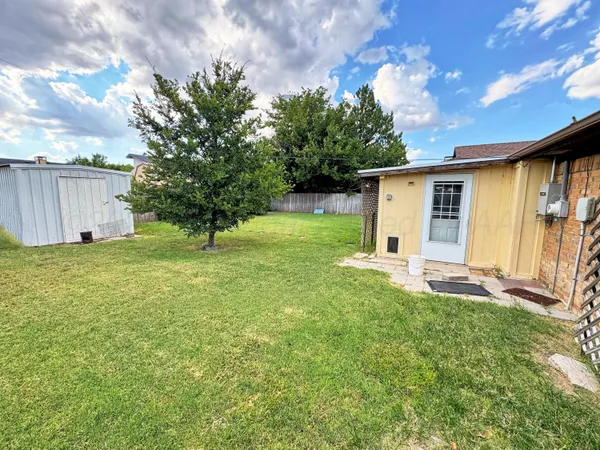 a view of a backyard with plants and large tree