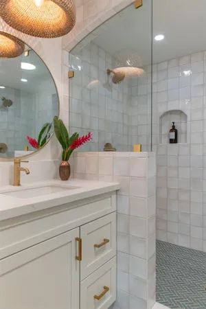 a bathroom with a sink and a shower