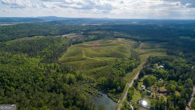 an aerial view of residential houses with outdoor space and trees