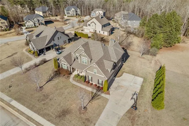 an aerial view of a swimming pool