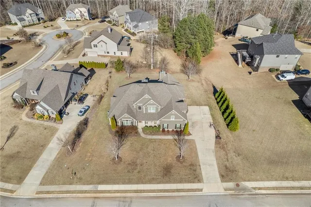 an aerial view of a swimming pool