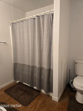 a bathroom with a shower curtain and toilet