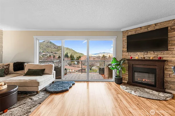 a living room with furniture a flat screen tv and a fireplace