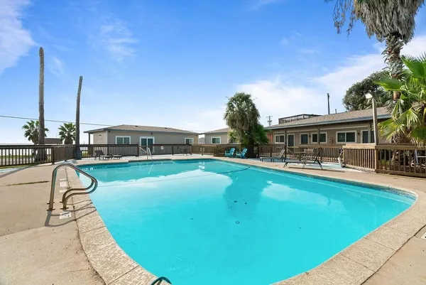 a view of a swimming pool with lawn chairs and plants
