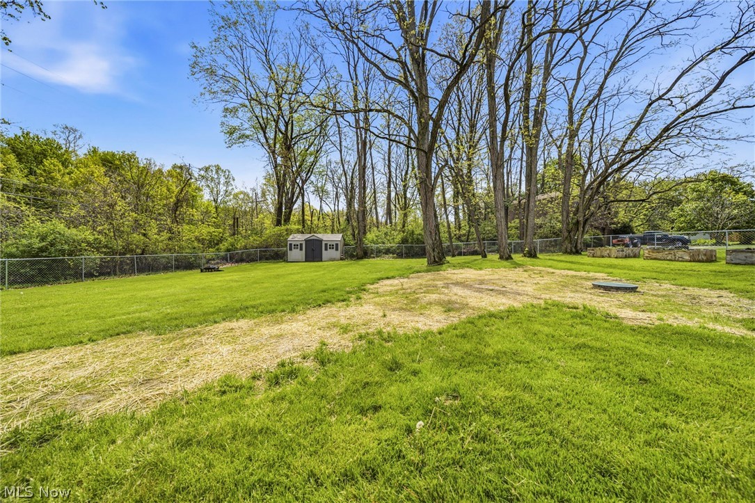 10610 Ridgewater Drive Painesville, OH 44077 - Photo 22 of 23 Expansive backyard featuring a manicured lawn, established perimeter fencing, mature trees, and a detached storage shed