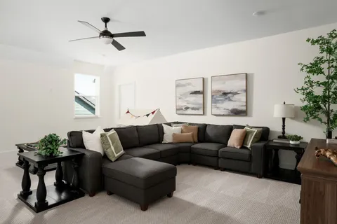 an aerial view of a house with a garden