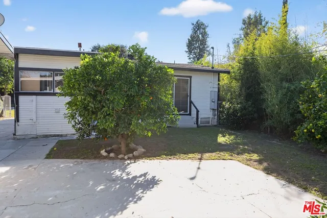 a view of a backyard with a tree