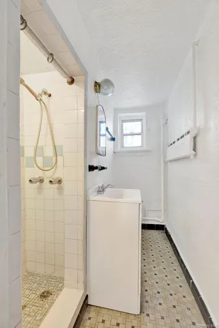 a bathroom with a shower and a sink