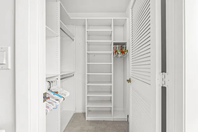 a view of walk in closet with empty racks
