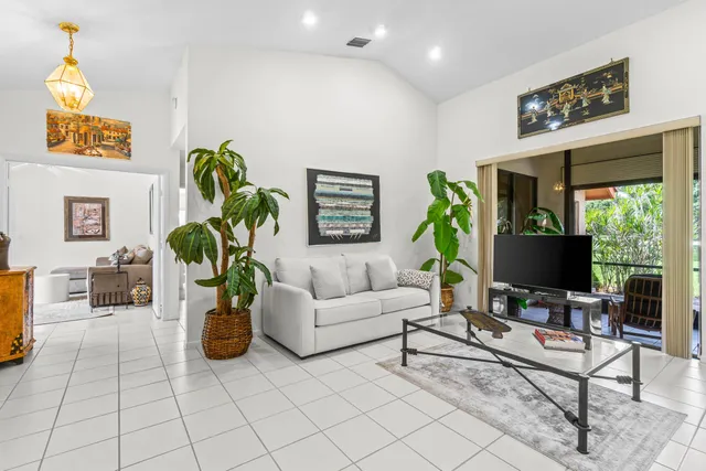 a living room with furniture and a potted plant