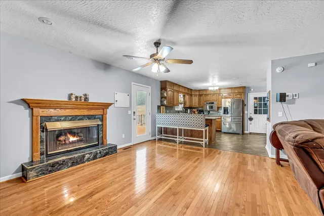 a view of fireplace with wooden floor