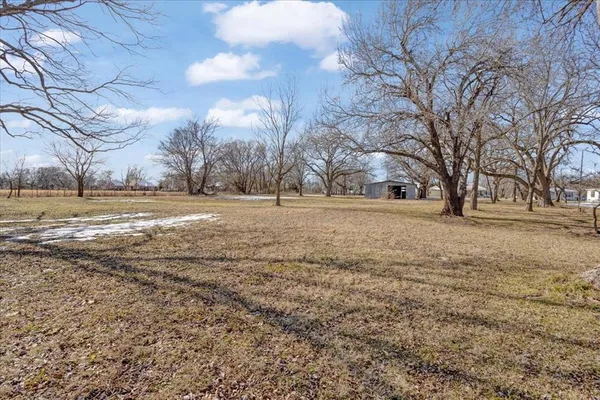 a view of dirt yard with large trees