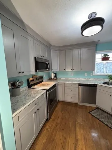 a kitchen with a sink a counter space appliances and cabinets