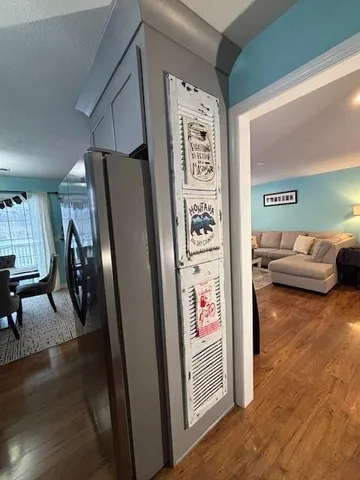 a view of a hallway to a livingroom with furniture and a hallway