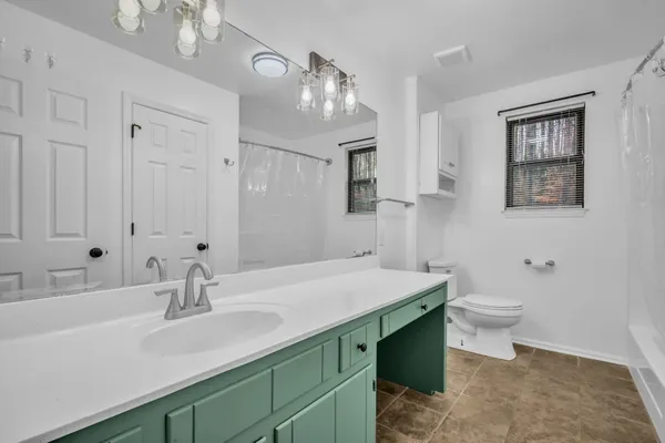 a bathroom with a sink a toilet and mirror