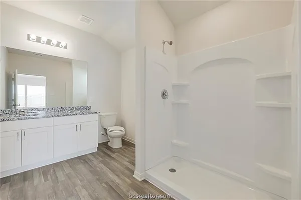 a bathroom with a granite countertop sink a toilet and shower