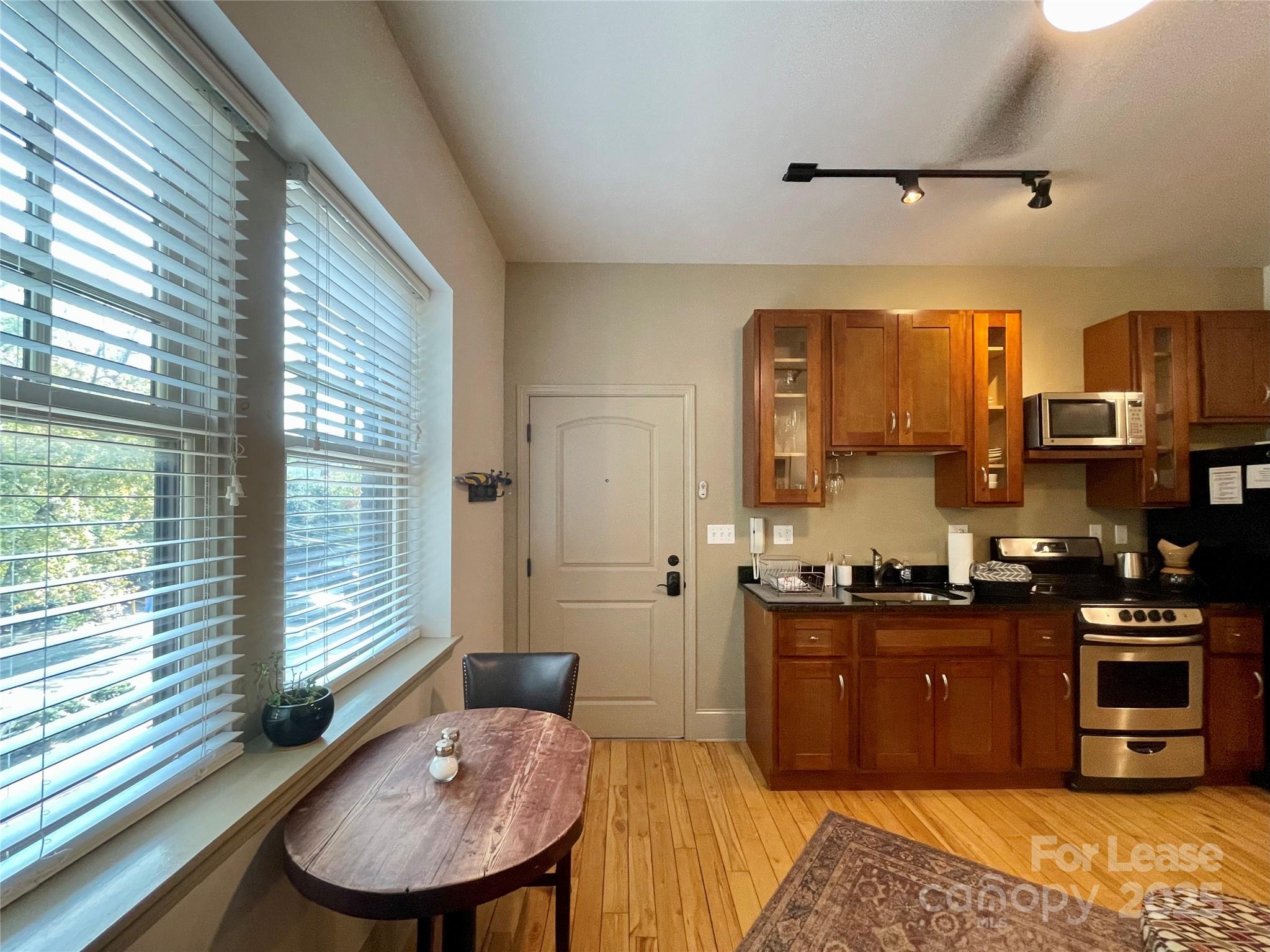 5 West Walnut Street, Unit 202 Asheville, NC 28801 - Photo 7 of 14 a kitchen with stainless steel appliances granite countertop a sink and wooden cabinets