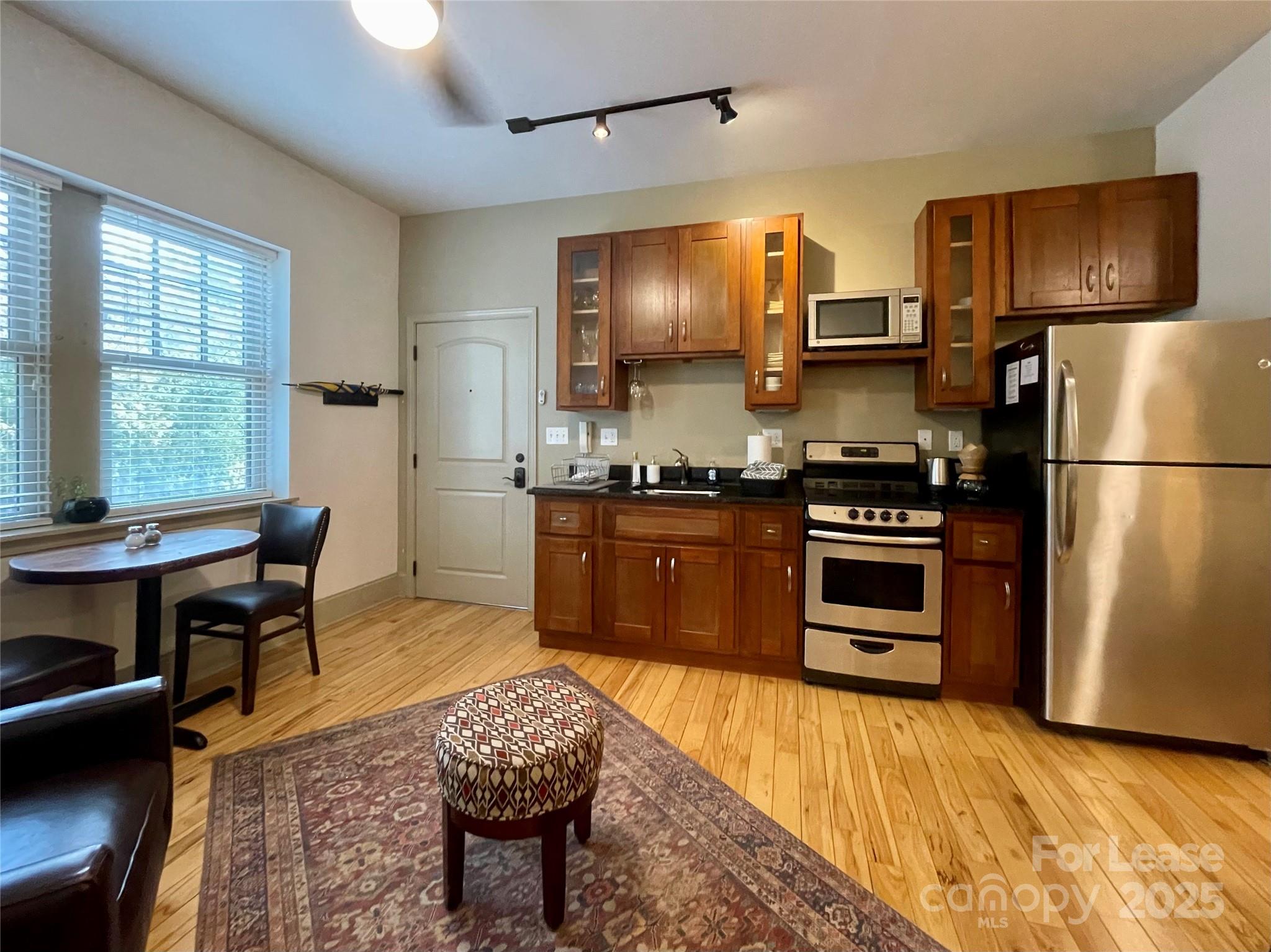 5 West Walnut Street, Unit 202 Asheville, NC 28801 - Photo 9 of 14 a kitchen with stainless steel appliances a stove a sink refrigerator and a chair