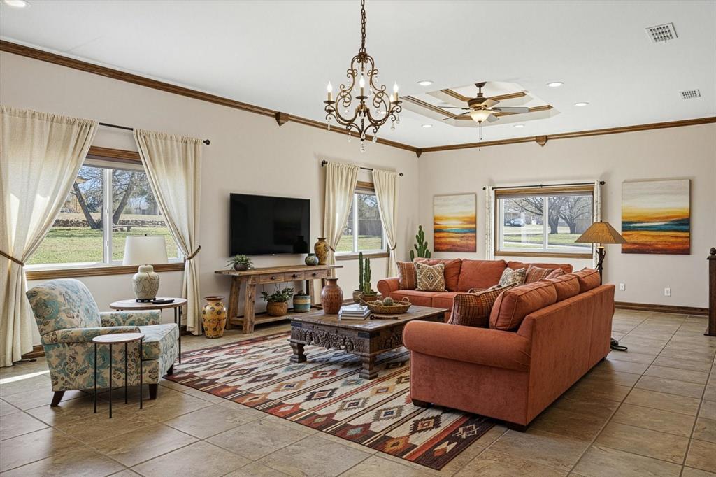 424 Edwards Drive Dublin, TX 76446 - Photo 6 of 40 a living room with furniture a flat screen tv and a chandelier