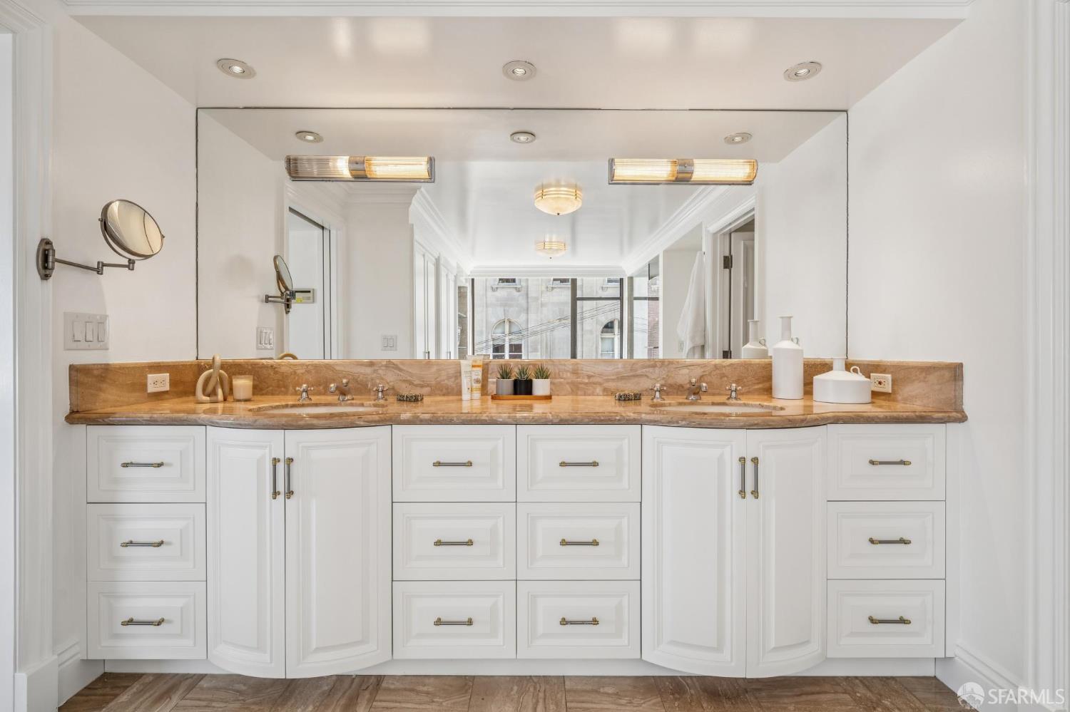 2190 Broadway, Unit 1W San Francisco, CA 94115 - Photo 43 of 66 a bathroom with a granite countertop sink mirror and vanity