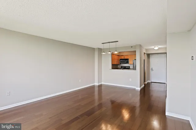 a view of empty room with wooden floor