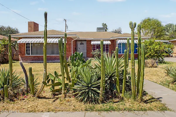 a front view of a building with a tree