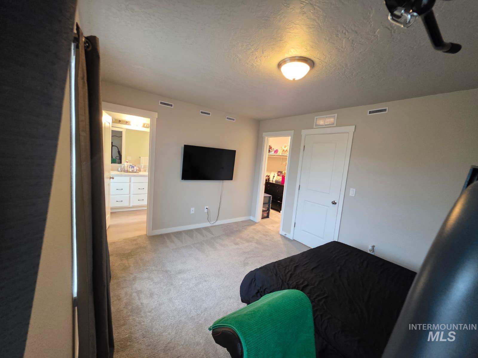 2316 East Spice Loop, Unit 4 Nampa, ID 83687 - Photo 5 of 12 Bedroom featuring a textured ceiling, a walk in closet, and light colored carpet