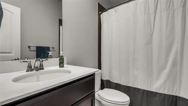 a bathroom with a sink a toilet and shower curtain