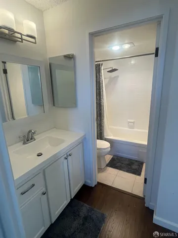 a bathroom with a toilet a sink a mirror a bathtub and vanity
