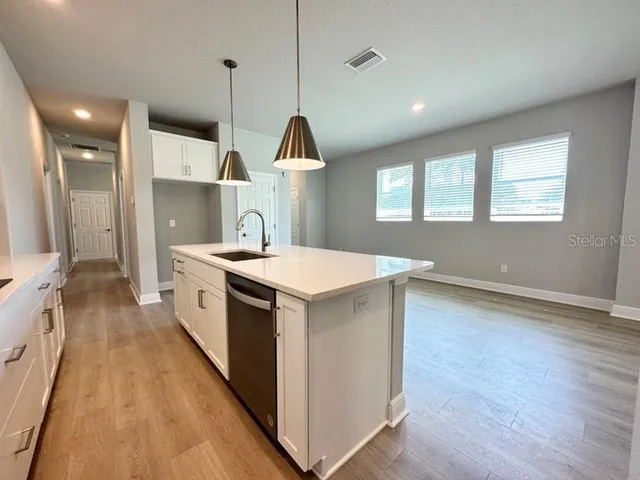 a kitchen with a sink and wooden floor