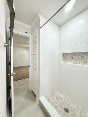 a bathroom with a shower and a sink