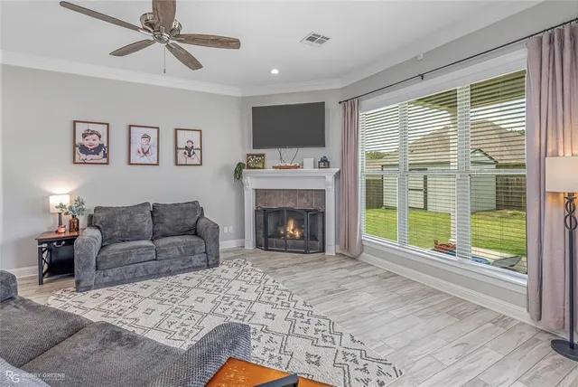 a living room with furniture and a fireplace