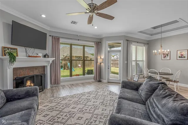 a living room with furniture and a fireplace