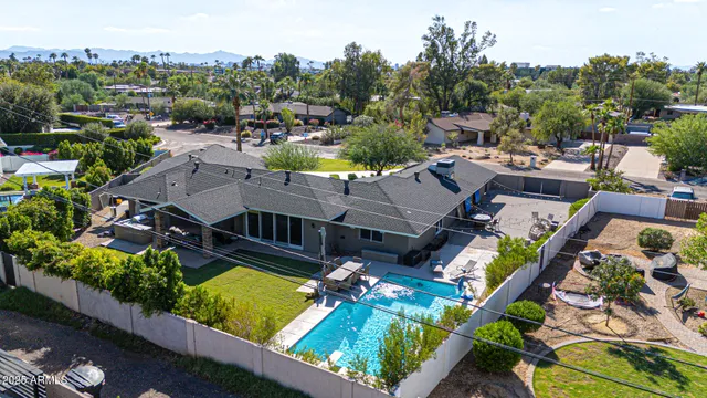 an aerial view of a swimming pool