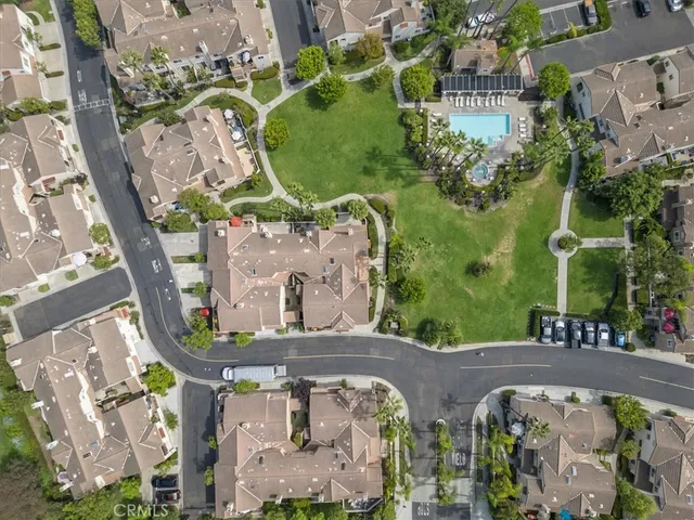 an aerial view of a swimming pool
