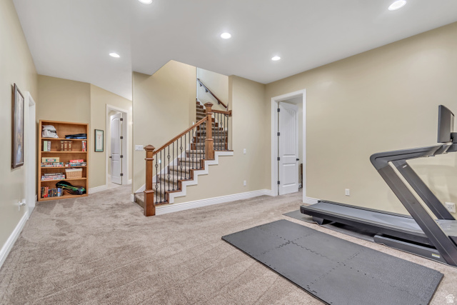 2543 East 700 South Springville, UT 84663 - Photo 53 of 73 Exercise room featuring light colored carpet and recessed lighting