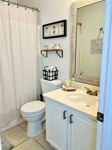 a bathroom with a sink a toilet and shower curtain
