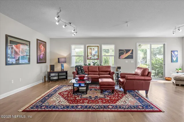 a living room with furniture and a rug