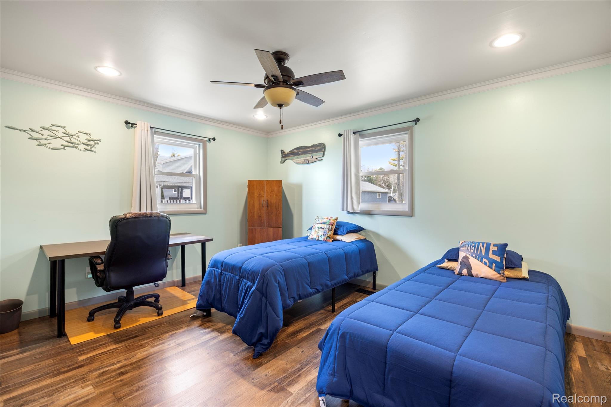 8171 Lakeshore Road Lexington, MI 48450 - Photo 20 of 45 Bedroom with wood finished floors, crown molding, a ceiling fan, a desk, and recessed lighting