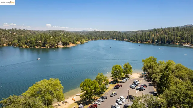 a view of a lake with a mountain in the background