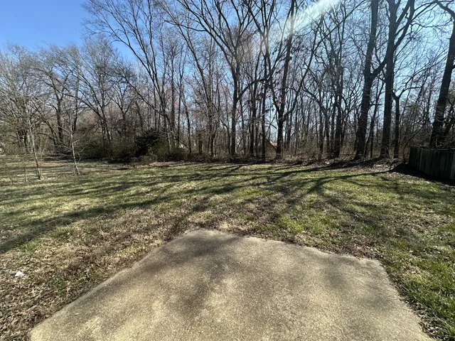 a view of a yard with trees in front of it