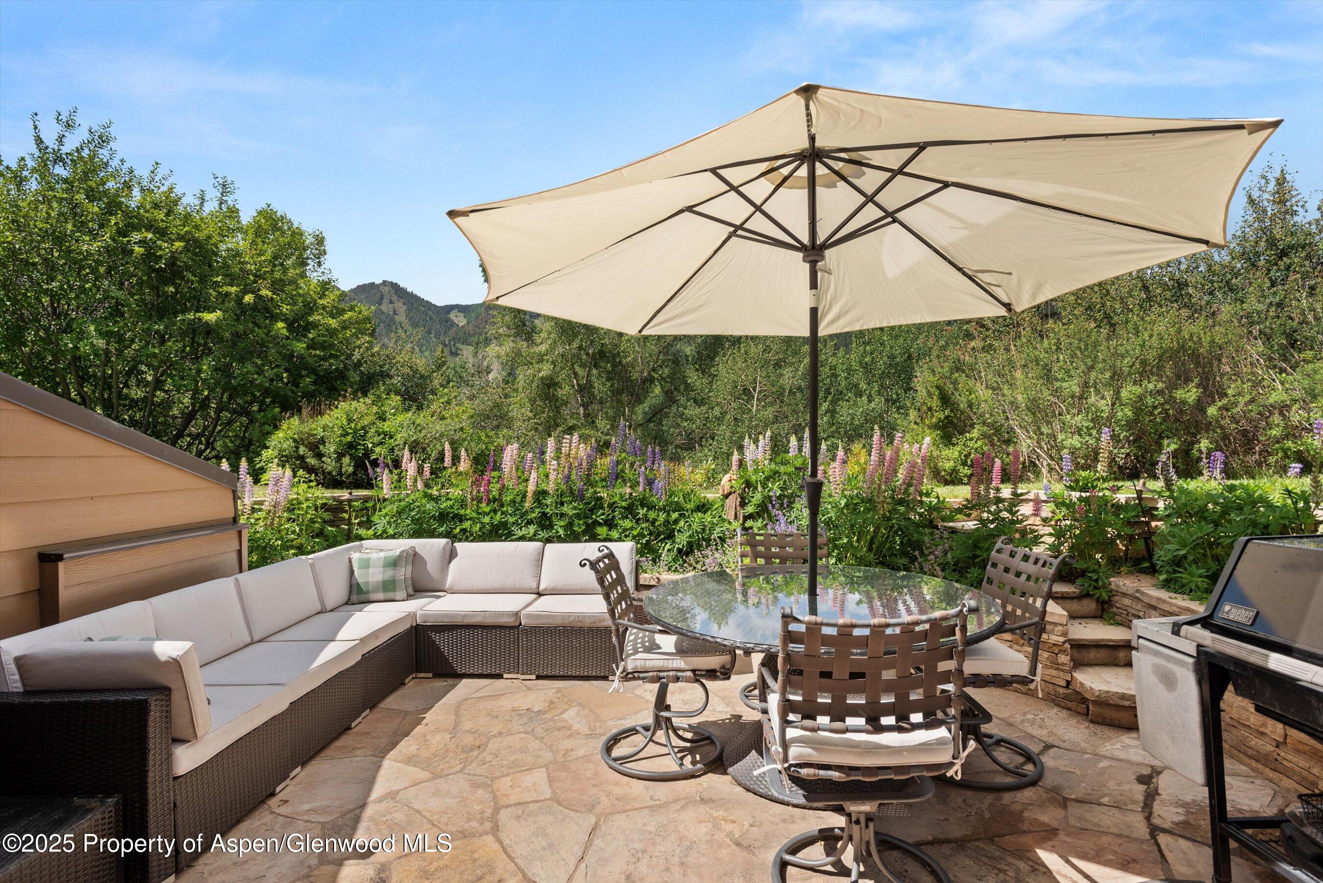 155 Lone Pine Road, Unit 9 Aspen, CO 81611 - Photo 20 of 27 a view of a patio with couches table and chairs under an umbrella with a small yard