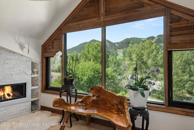 a view of a patio with couches table and chairs under an umbrella with a small yard