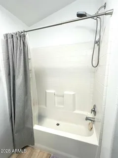a bathroom with a shower and a bath tub