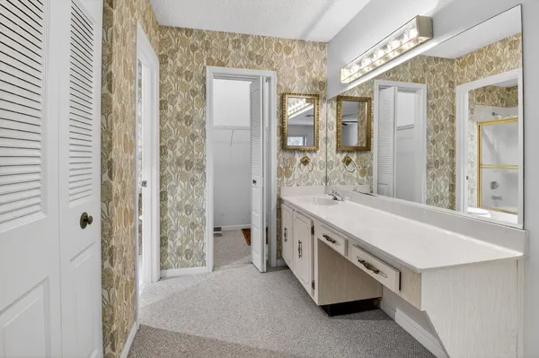 a bathroom with a shower and a sink