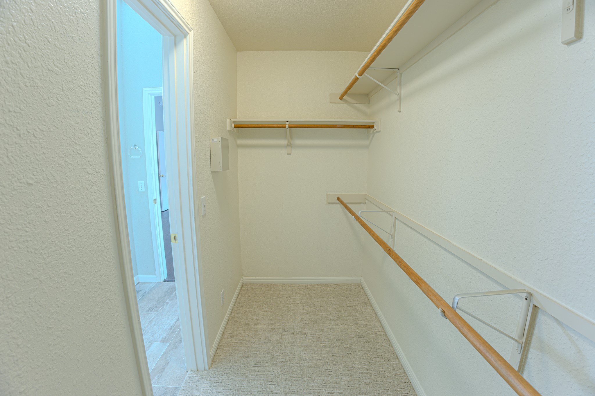 208 Discovery Kyle, TX 78640 - Photo 24 of 31 Walk-in closet featuring light beige carpet, white textured walls, and multiple wood-finish hanging rods with white shelving