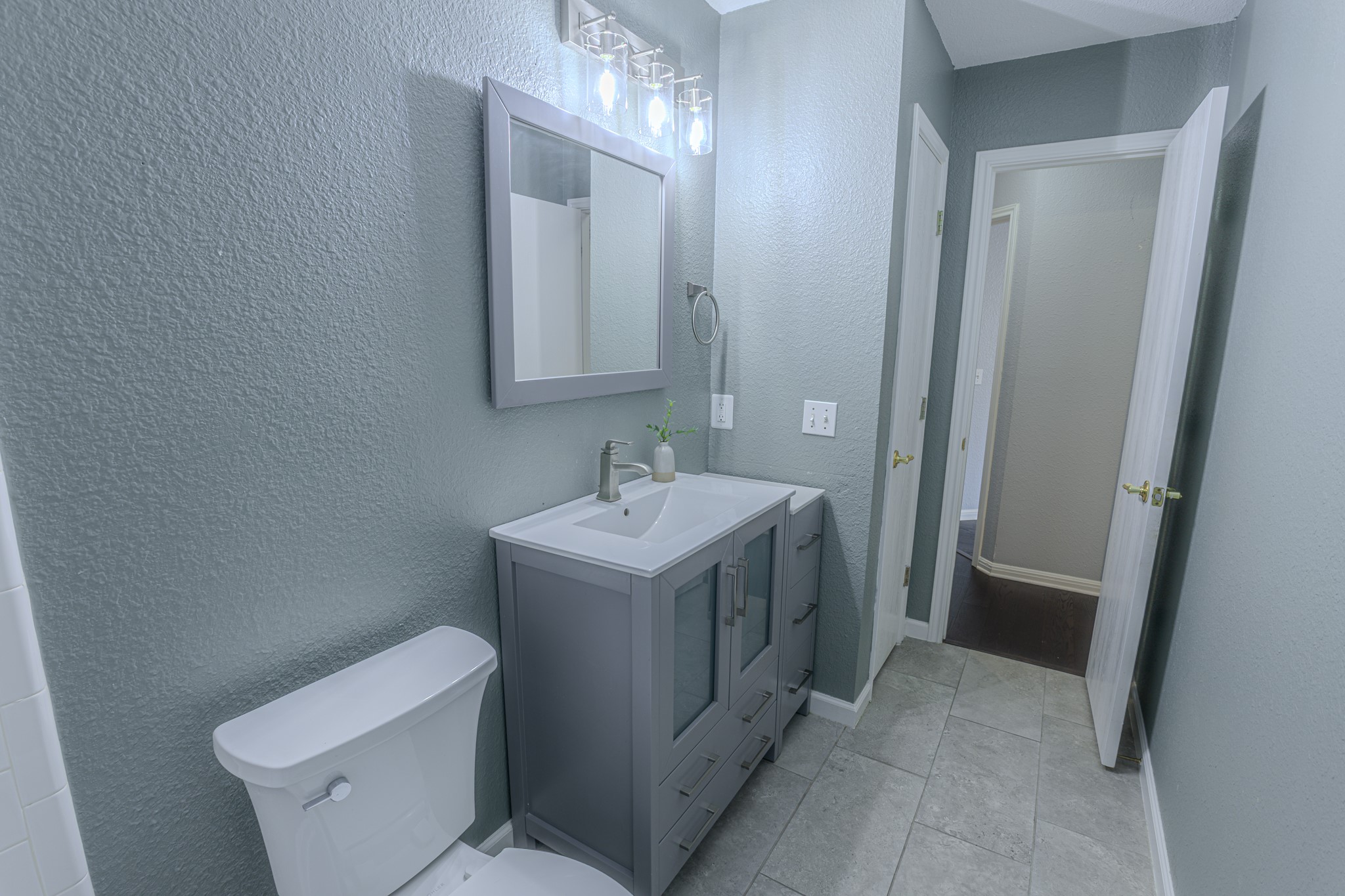 208 Discovery Kyle, TX 78640 - Photo 28 of 31 Bathroom featuring a single vanity with a rectangular sink, gray cabinet, and a framed mirror