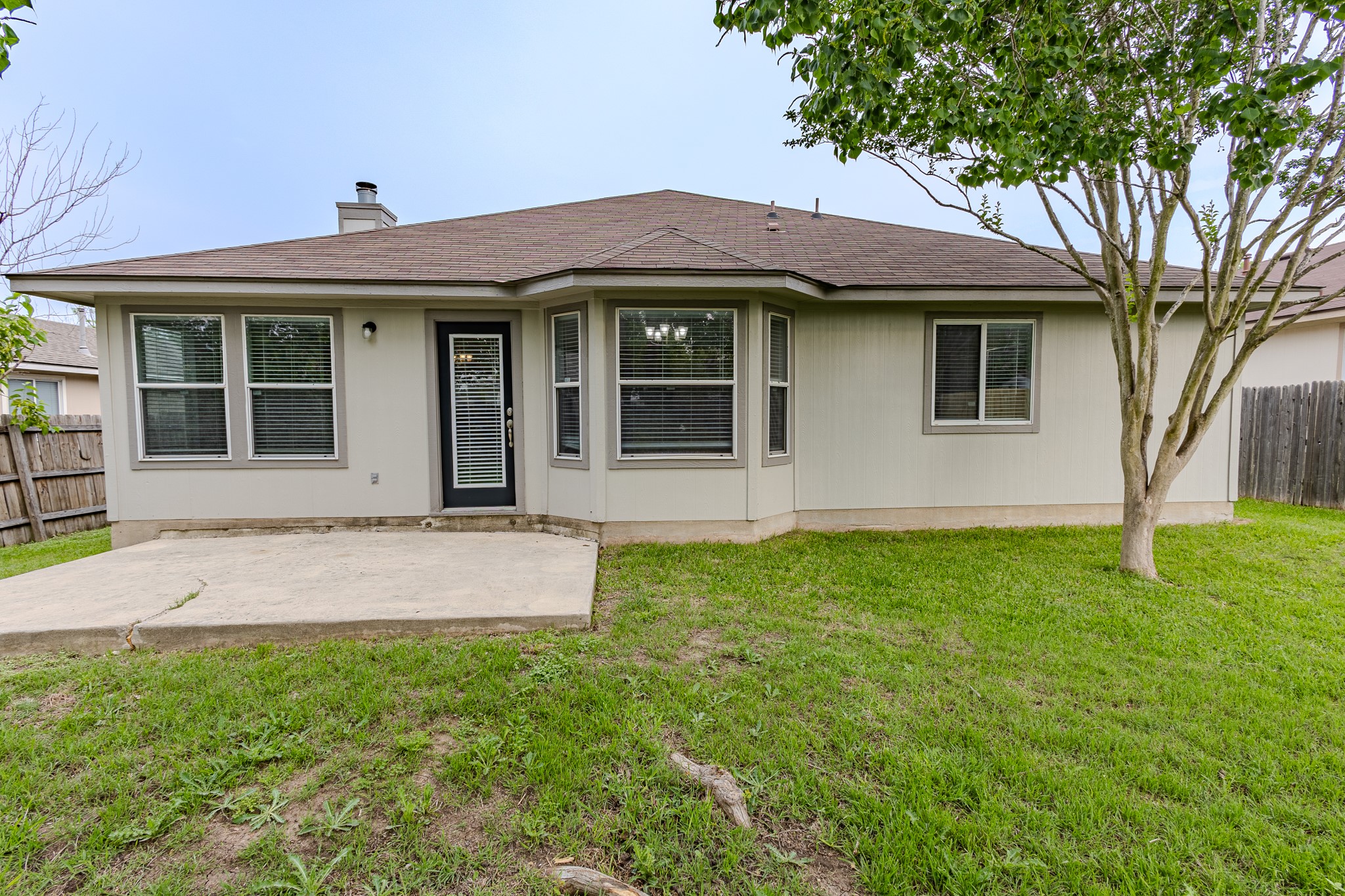 208 Discovery Kyle, TX 78640 - Photo 31 of 31 Exterior showcasing a concrete patio, multiple windows, and a mature tree