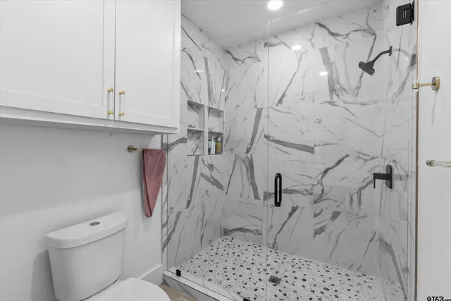 a bathroom with a shower toilet and sink